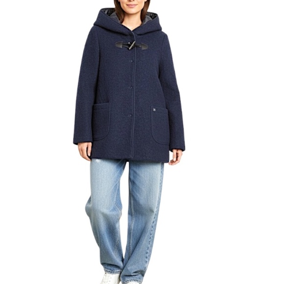 Le Petit Baigneur dark blue boiled wool blend hooded lined knit sweater coat 38 - Picture 3 of 16